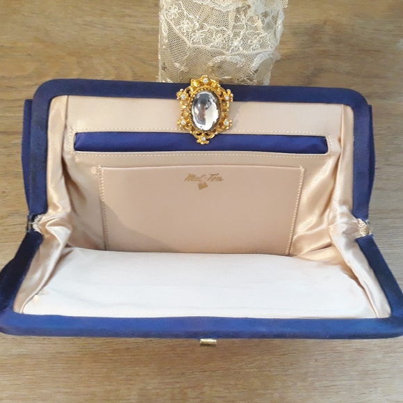 Vintage 1950's Mel-Ton Blue Satin Clutch Purse with Ornate Jewel Clasp - Picture 6 of 12